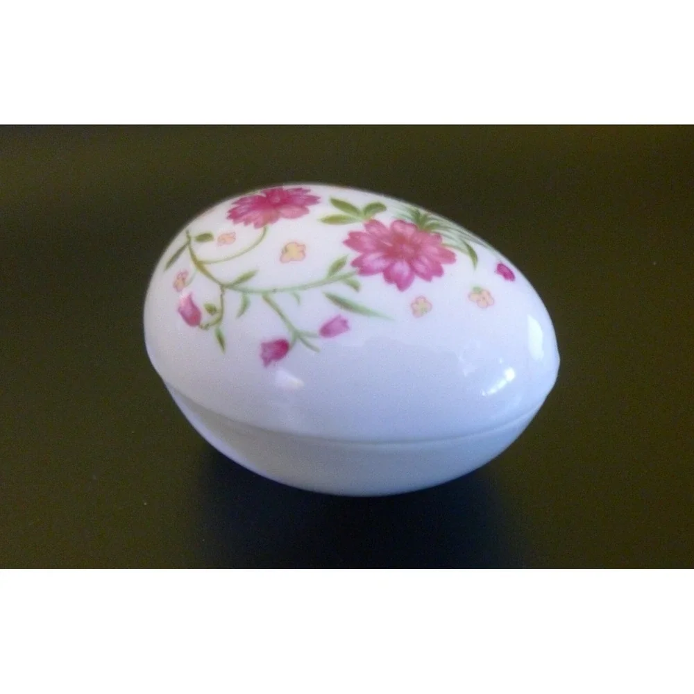 Vintage Lefton China ~ Ceramic Egg Trinket Box ~ Floral Pink Flower Design